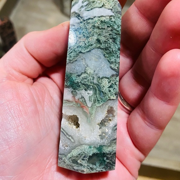 SOLD Moss Agate With Geode Inclusions Crystal Tower - Picture 6 of 7
